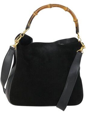 Authentic GUCCI Bamboo Shoulder Bag Suede 2way Black Gold